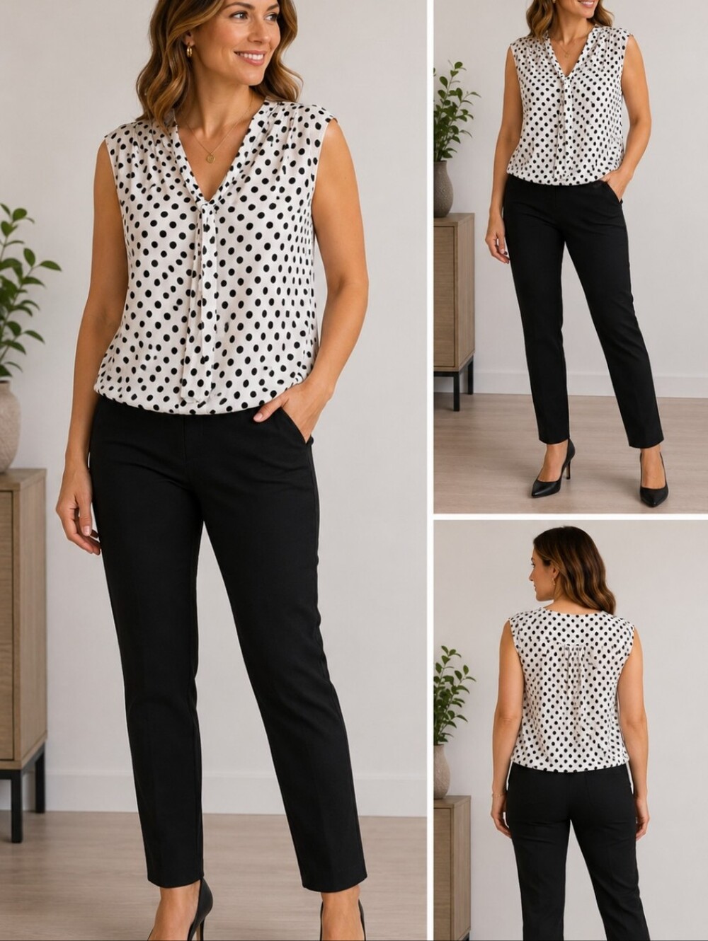 2/$15 Max Studio Black & White Polka Dot Tie-Neck Sleeveless Top